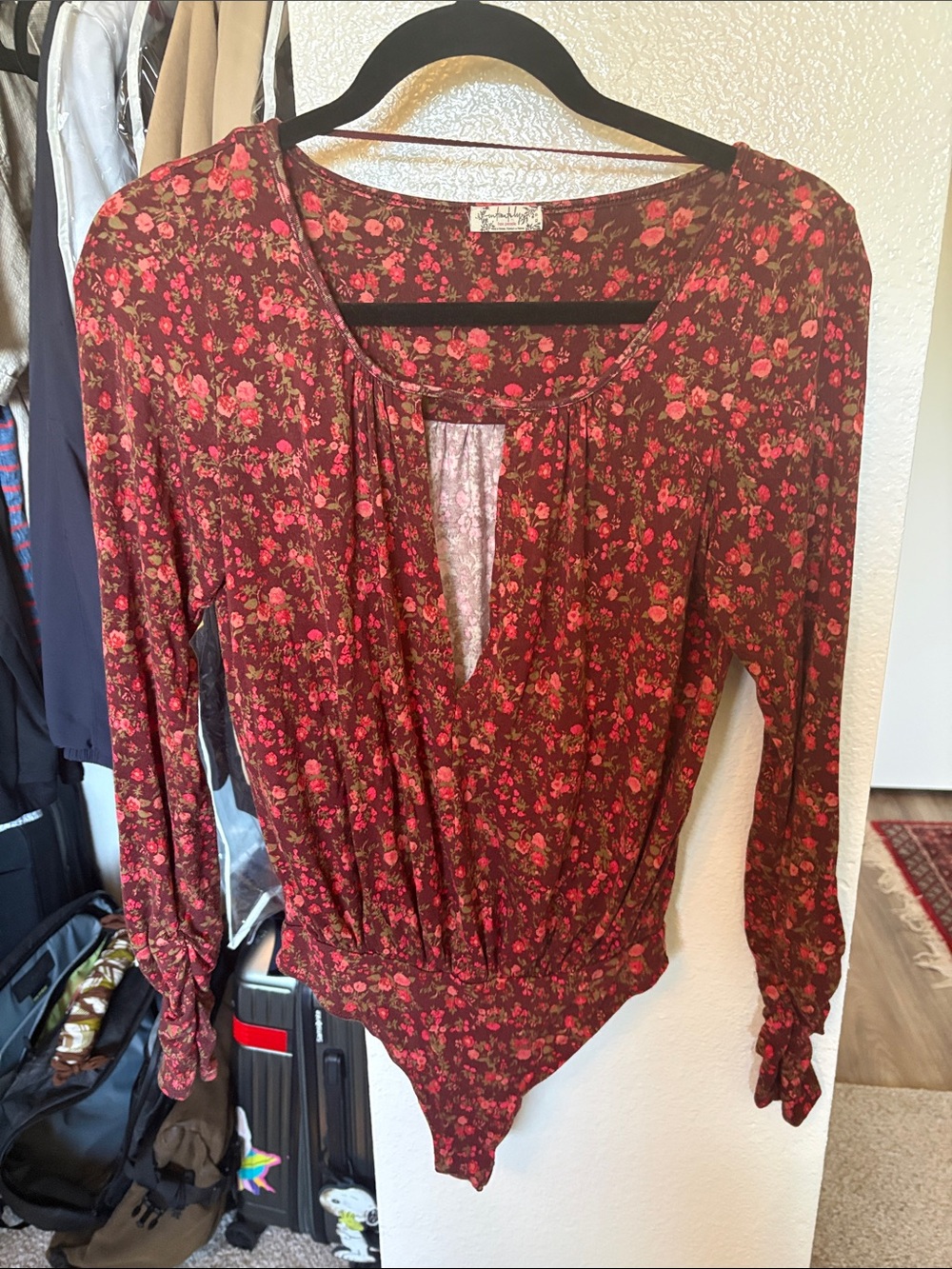 Free People Burgundy Floral Long-Sleeve V-Neck Bodysuit